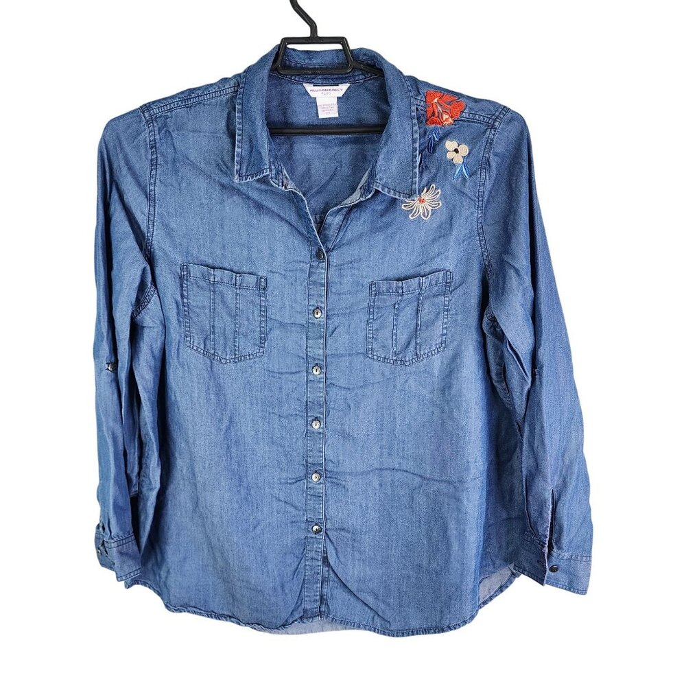 Womens Allison Daley Blue Shirt Button Down Long Sleeve Embroidered Flowers 2X